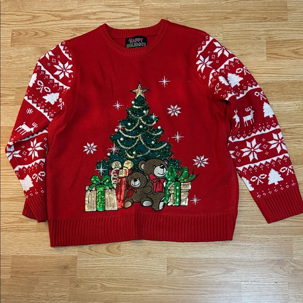 Urban Heritage Red Holiday Sweater with Bear and Tree Design